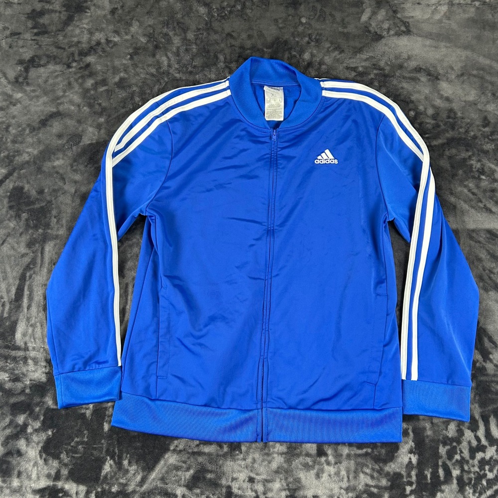 Adidas Track Jacket‎ Youth XL Blue 3-Stripe Full Zip Large Back Logo Graphic